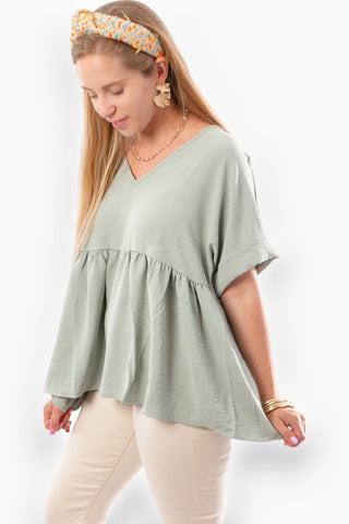 Change In The Air Sage Babydoll Short Sleeve Top-Entro-L. Mae Boutique