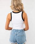 Back view of the Cherry On Top Halter Neck Tank, showcasing its racerback design with black contrast trim. A stylish and versatile summer staple.
