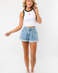 Full-body view of the Cherry On Top Halter Neck Tank paired with high-waisted denim shorts. A trendy and casual summer outfit perfect for warm days.