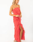 MINKPINK Red Ruffle Maxi Dress featuring a thigh-high side split and flowing ruffle details, perfect for special occasions and wedding guest attire.