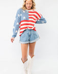 All America Red, White & Blue Flag Sweater - Patriotic Knit for Summer styled with denim shorts and white boots, perfect for July 4th celebrations.