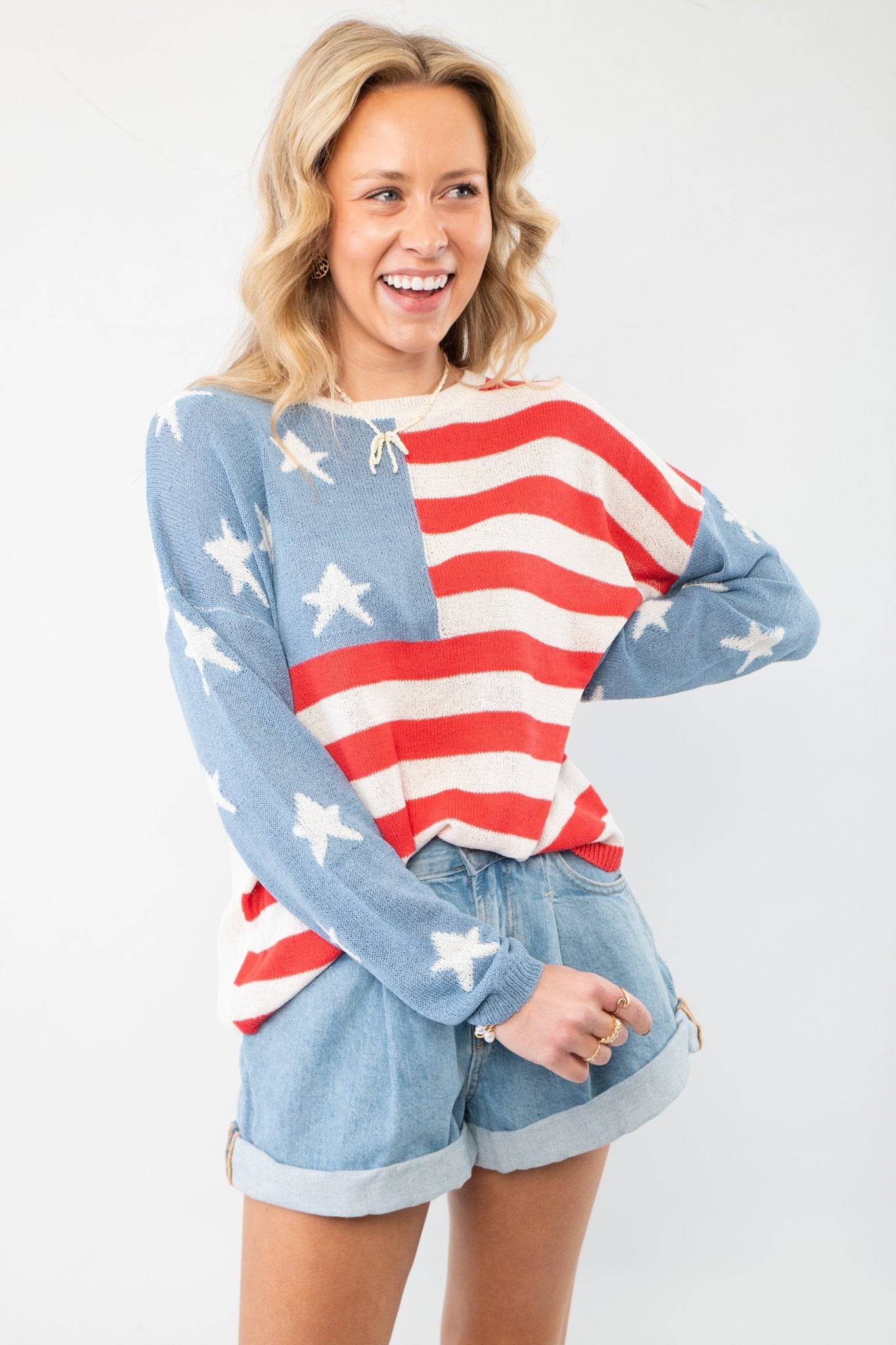 Front close-up of All America Red, White & Blue Flag Sweater - Patriotic Knit for Summer featuring bold stars and stripes design in soft knit fabric.
