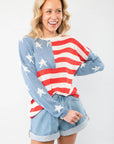 Front close-up of All America Red, White & Blue Flag Sweater - Patriotic Knit for Summer featuring bold stars and stripes design in soft knit fabric.