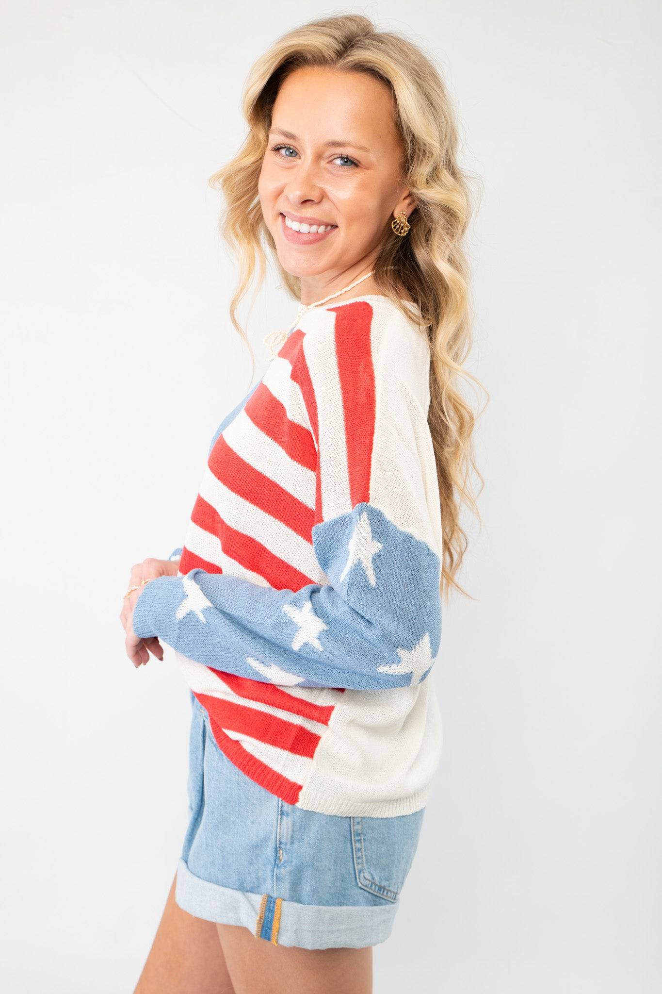 Side view of All America Red, White & Blue Flag Sweater - Patriotic Knit for Summer highlighting American flag pattern and casual summer style.