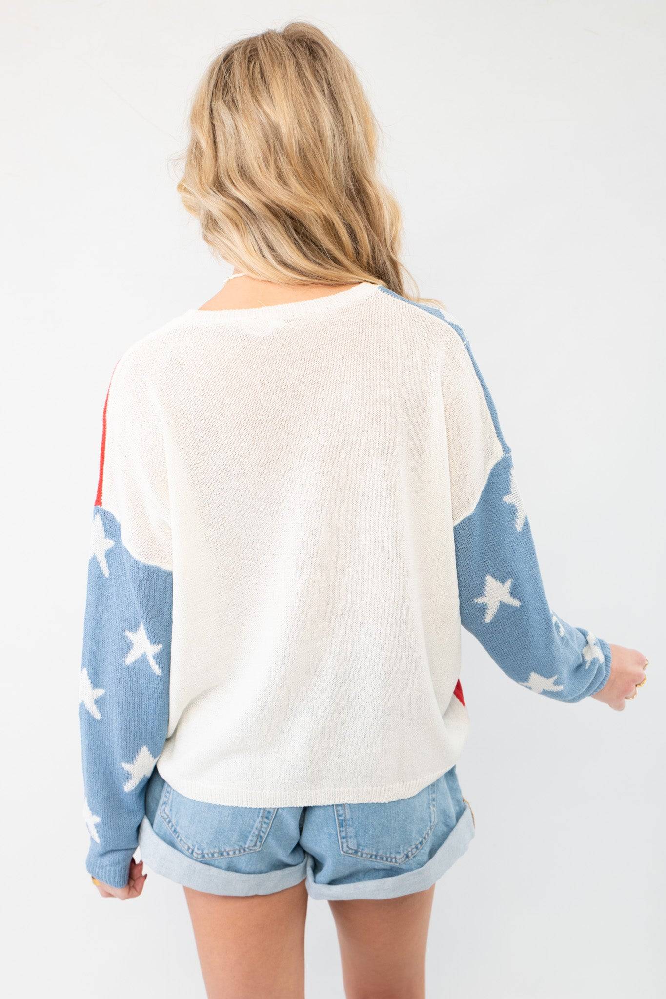 Back view of All America Red, White & Blue Flag Sweater - Patriotic Knit for Summer showing lightweight knit texture and relaxed fit.