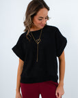 Elevated basic black short sleeve knit shirt for casual and game day, black short sleeve top for work