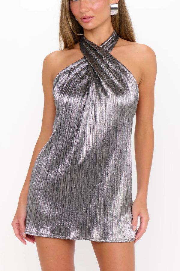 Show Me Your Mumu Pleated Silver Jasmine Tie Mini Dress
