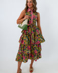 Lana Olive & Pink Ruffle Midi Dress