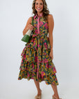 Lana Olive & Pink Ruffle Midi Dress with button front, pink and green floral midi dress, collard midi dress