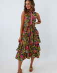 Colorful fall midi dress with pink collar and ruffled tiers, pink and green floral midi dress, olive green midi dress