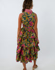 Pink and olive green floral midi dress, collared midi dress, midi dress with button front