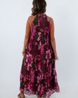 Floral wedding guest dress, pleated maxi dress, pink and green maxi dress, floral dress with pleated detailing