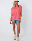 Pink coral knit top with cap sleeves, casual summer women's clothing