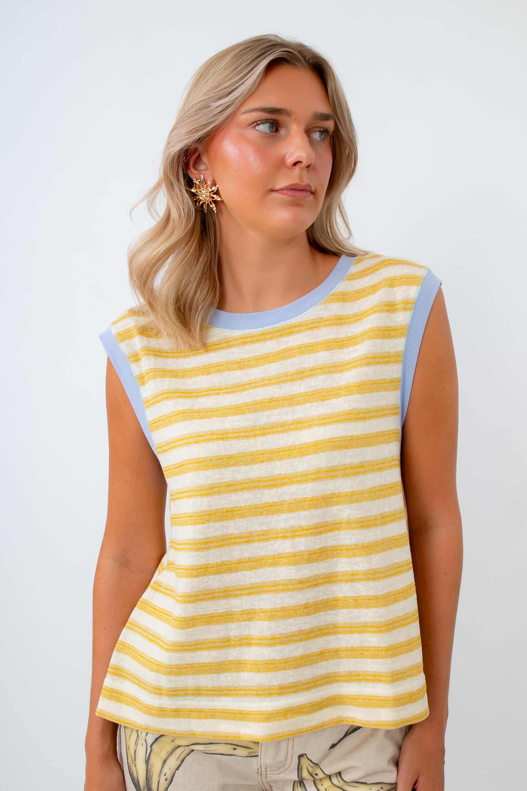 On the Brightside Stripe Muscle Tank | Yellow & Blue Summer Top