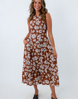 Brown floral sleeveless midi dress with side pockets, fall midi dress, brown floral midi dress
