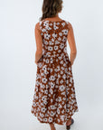 THML dress, sleeveless floral midi dress, brown floral dress, women's midi dress