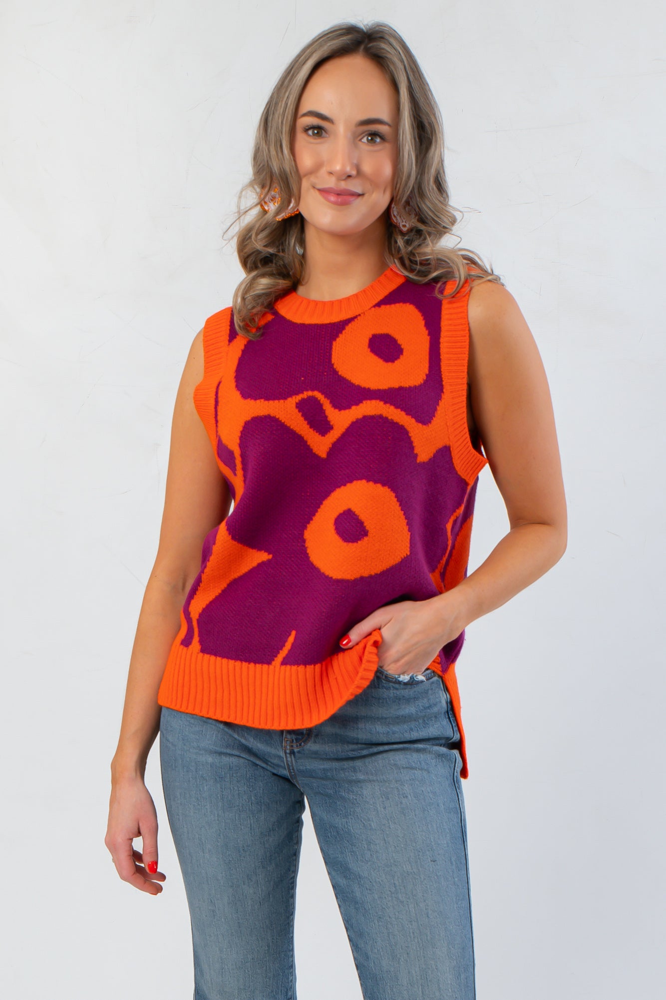 Garden Flower Orange & Magenta Sleeveless Sweater