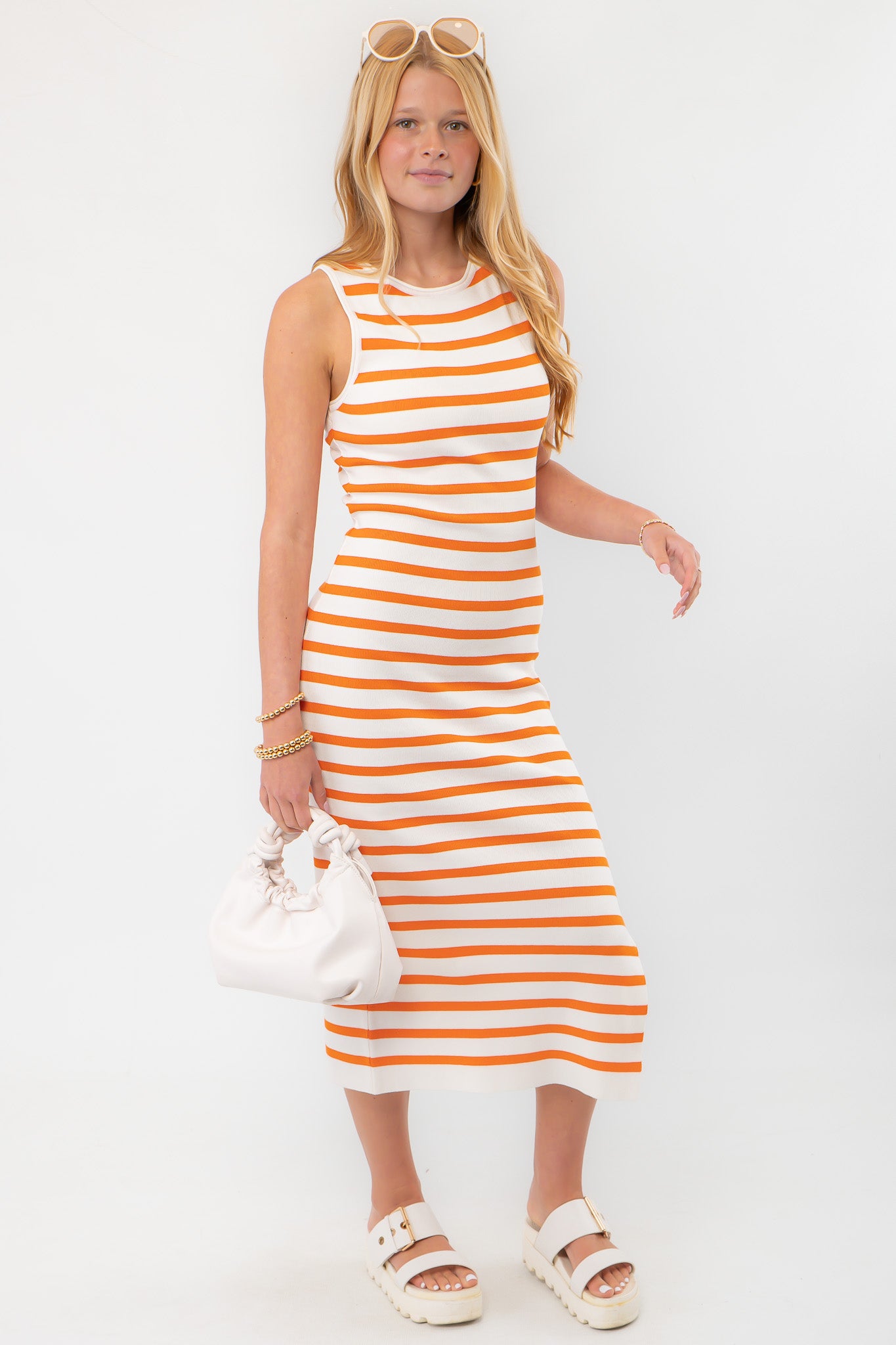 Yard Lines White & Orange Striped Midi Dress