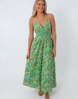 Dahlia Shimmer Green & Pink Floral Maxi Dress for wedding guest