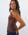 Brown sleeveless fall top with cowl neckline, brown going out top, grown top with side ruching