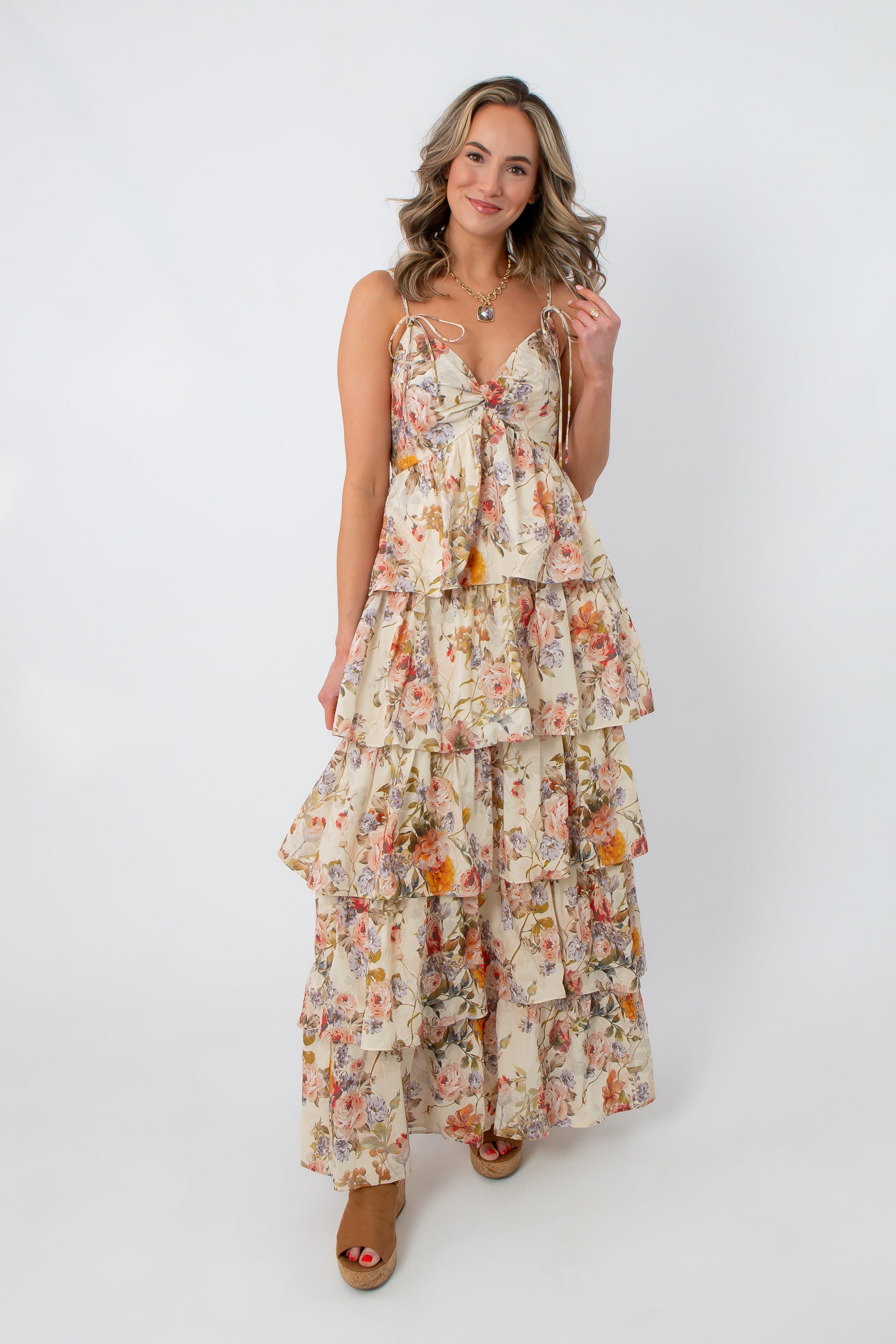 Butter Cream Wildflower Tiered Maxi Dress | Floral Tie-Strap Dress L. Mae Boutique Butter Cream Wildflower Tiered Maxi Dress | Floral Tie-Strap Dress L. Mae Boutique