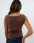 Soft fabric fall neutral top with ruched detailing, brown top with cowl neckline, brown sleeveless tops