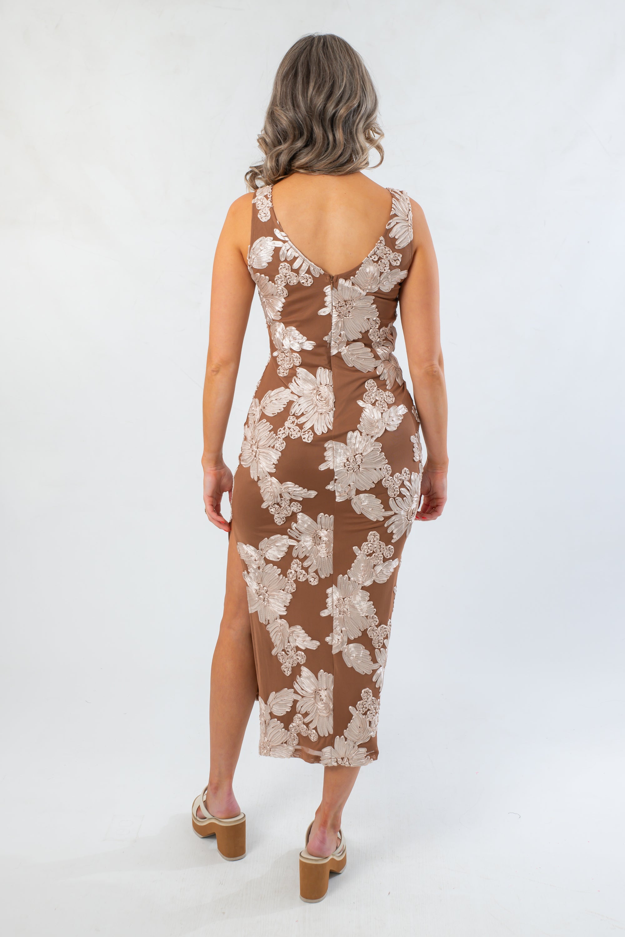 Lucky To Have You Brown Floral Mesh Midi Dress