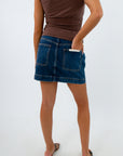 Denim mini skirt with front zip pockets, dark wash mini skirt, denim mini skirt, fall bottoms