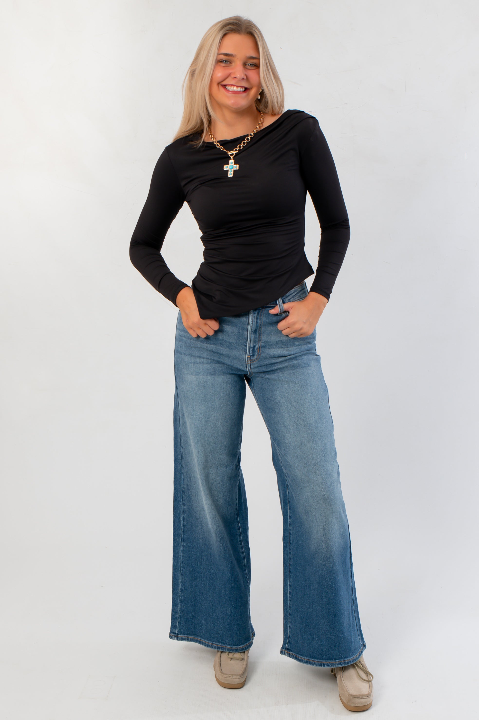 Alain Black Long Sleeve Asymmetric Top