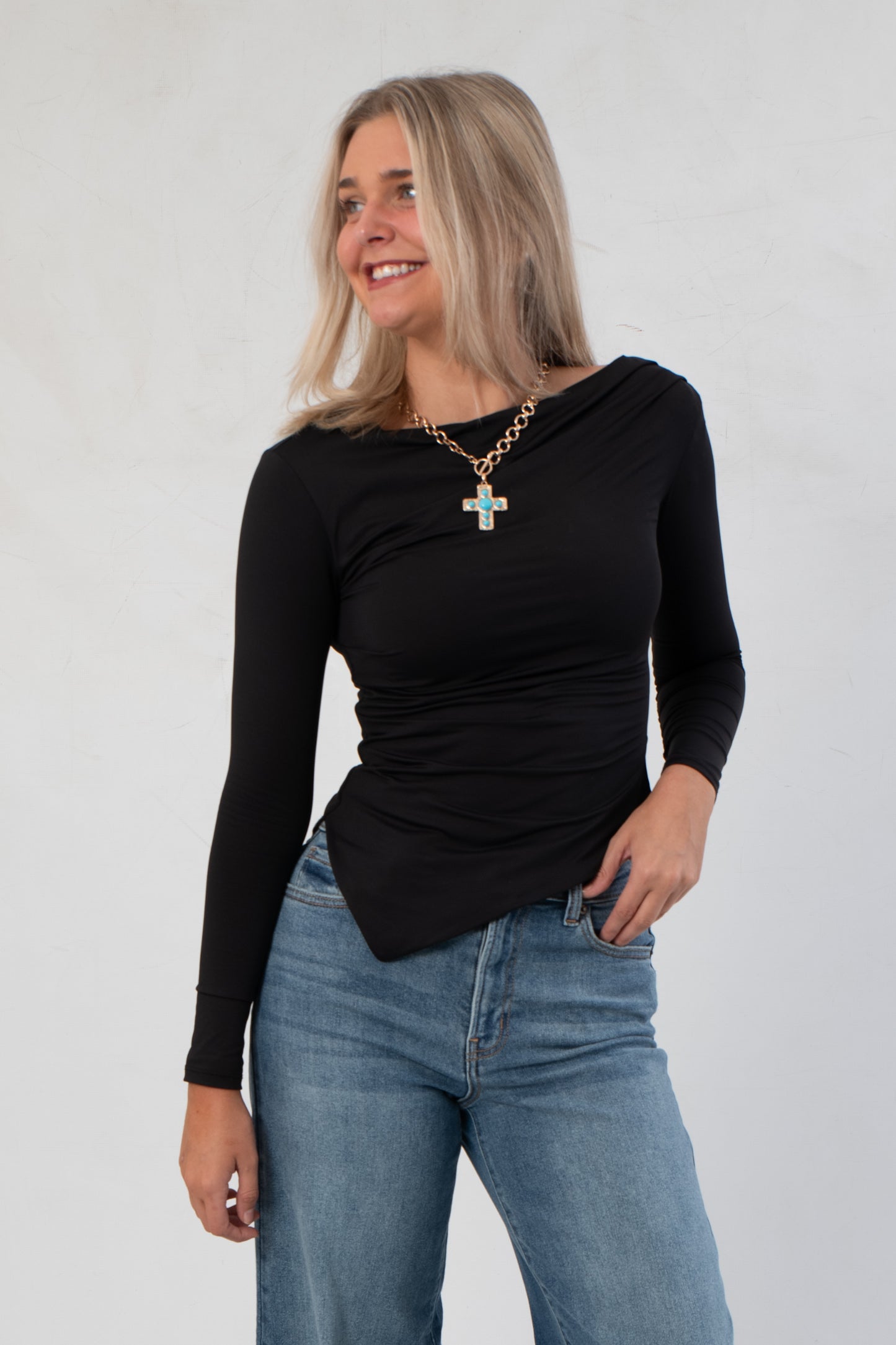 Alain Black Long Sleeve Asymmetric Top