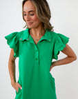 Green scalloped sleeve scuba dress