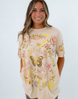 100% cotton oversized butterfly graphic tee for women, graphic t shirt with butterfly design and side pockets