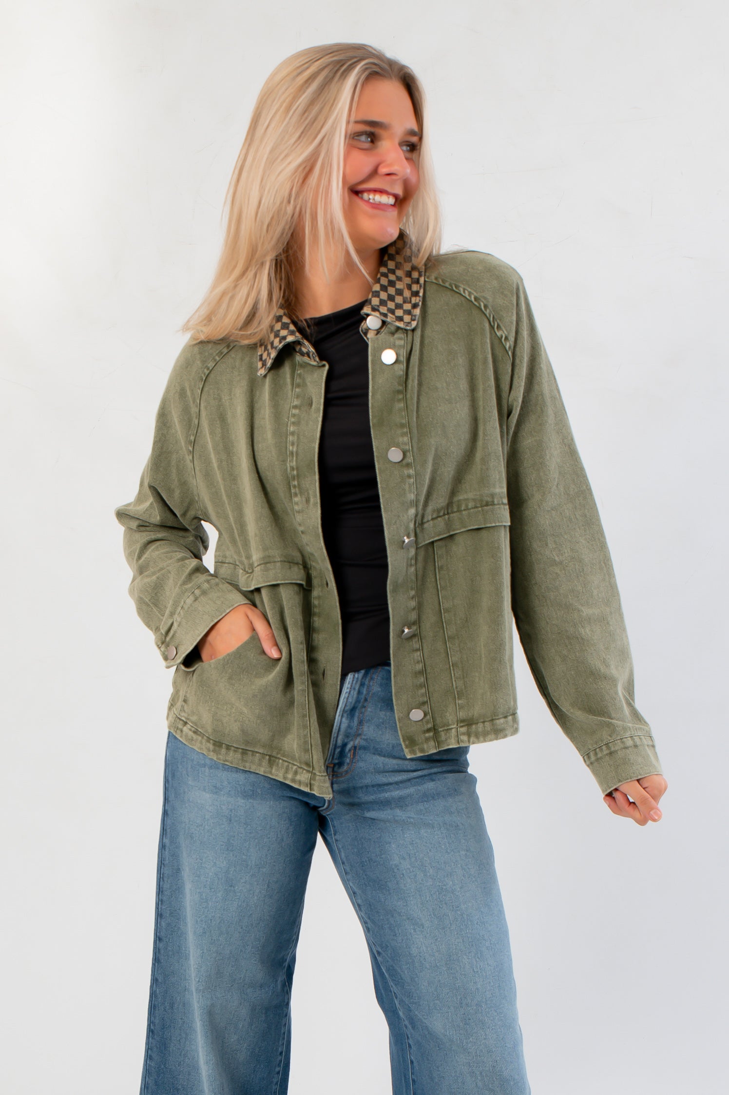 Washed Olive Checkered Collar Barn Jacket