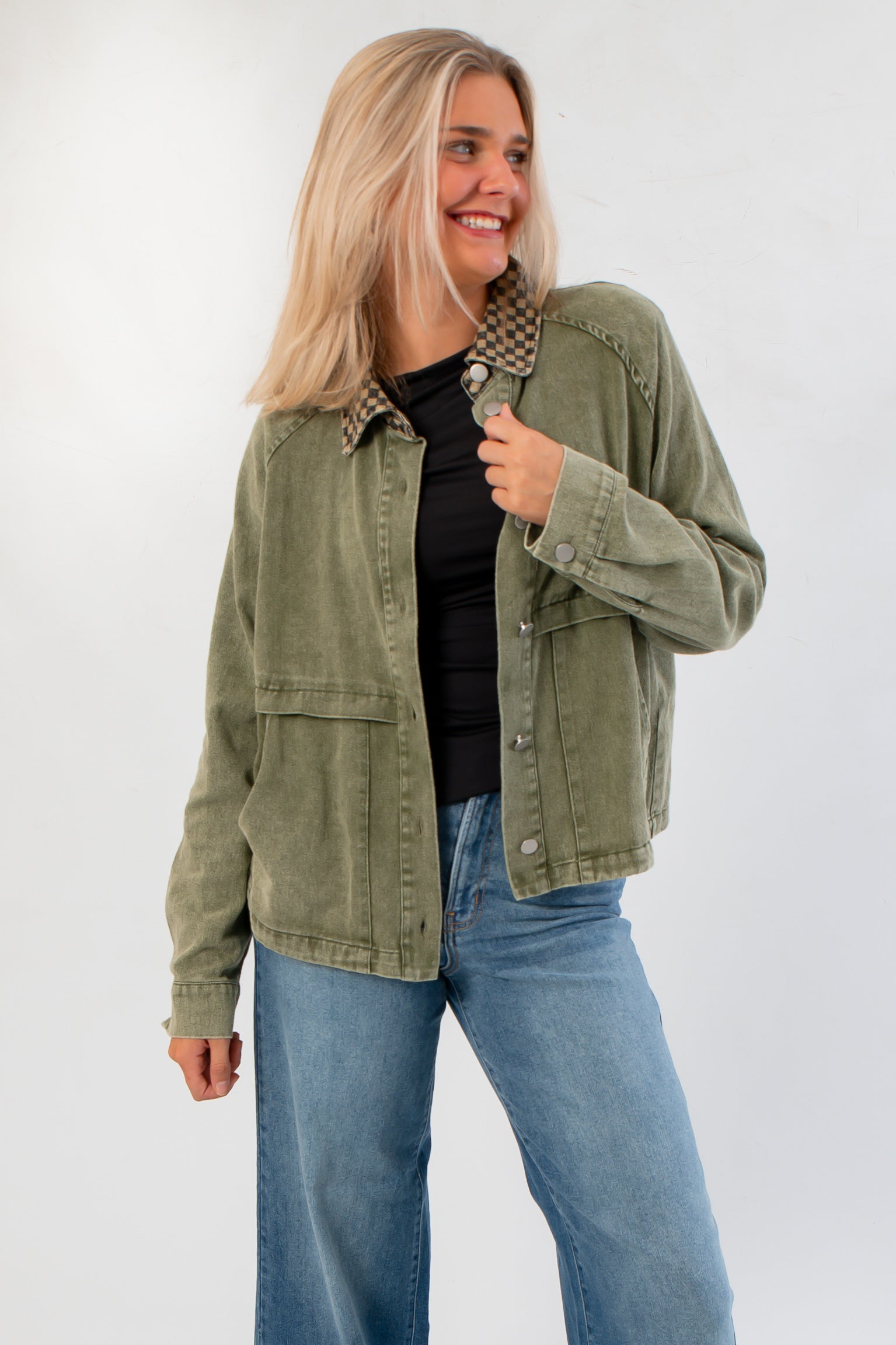 Washed Olive Checkered Collar Barn Jacket