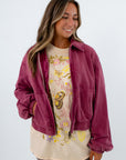 100% cotton zippered jacket for fall, washed maroon jacket, Free People Birdie washed jacket
