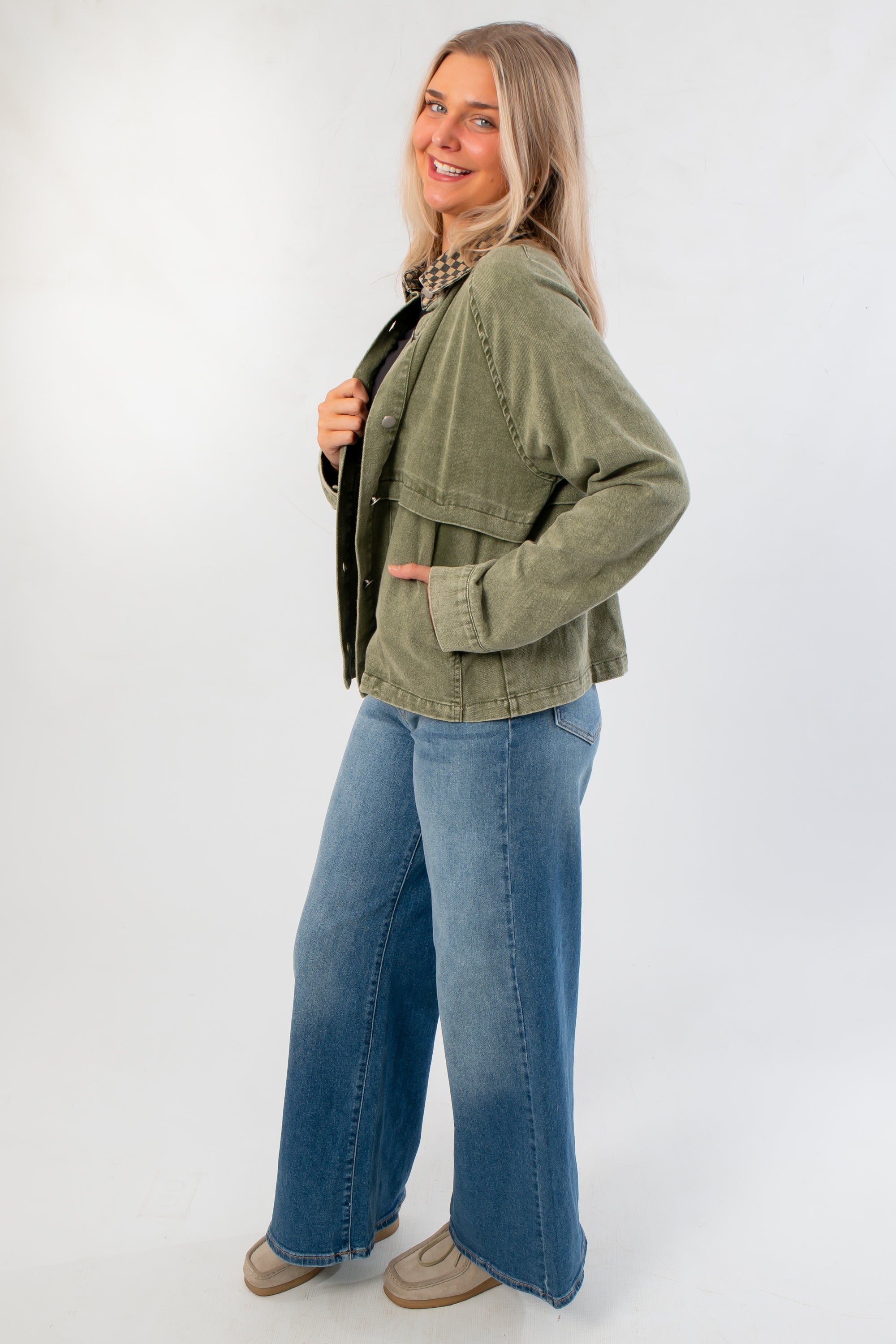 Washed Olive Checkered Collar Barn Jacket