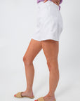 Back view of white denim shorts