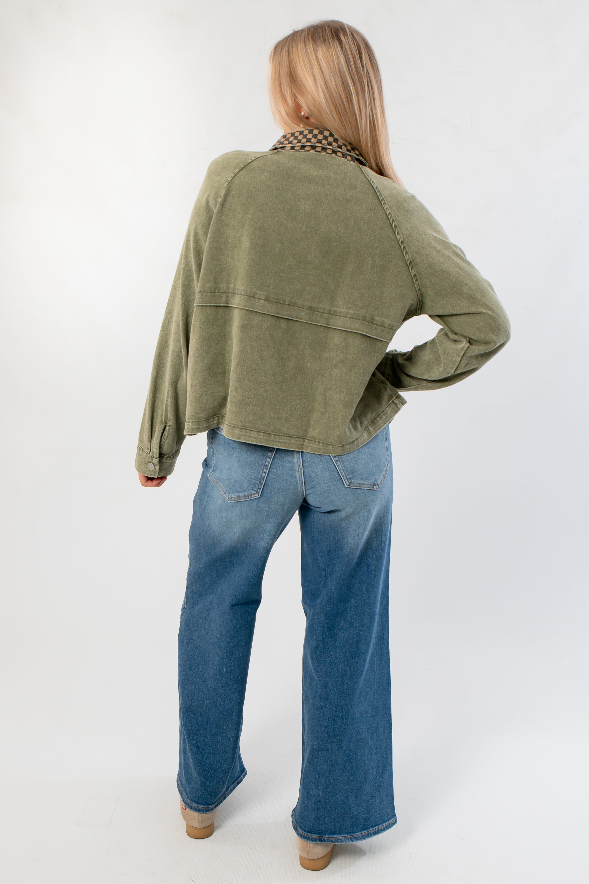 Washed Olive Checkered Collar Barn Jacket
