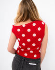 Back view of Retro Romance Red Polka Dot Asymmetrical Top showing unique neckline and seamless fit, great for casual to dressy wear.