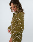 Stylish fall outerwear jacket with collar, green and white polka dot jacket, olive green jacket