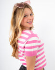 Sweetheart Stripe Cropped Cardigan Sweater in pink and white stripes, shown from side angle with soft knit texture and flattering cropped cut.