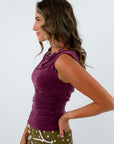 Amelia Drop Ruched Plum Top in plum color, plum top with cowl neckline, sleeveless top with side ruching