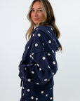Matching navy polka dot loungewear set with shorts, navy and white loungewear set, navy and white shorts set