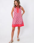 Side view of Fairway Floral Hot Pink Contrast Shift Dress with pockets, sleeveless, vibrant floral design, casual summer dress