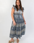 Dusty Blue Abstract Ruffle Sleeve Midi Dress