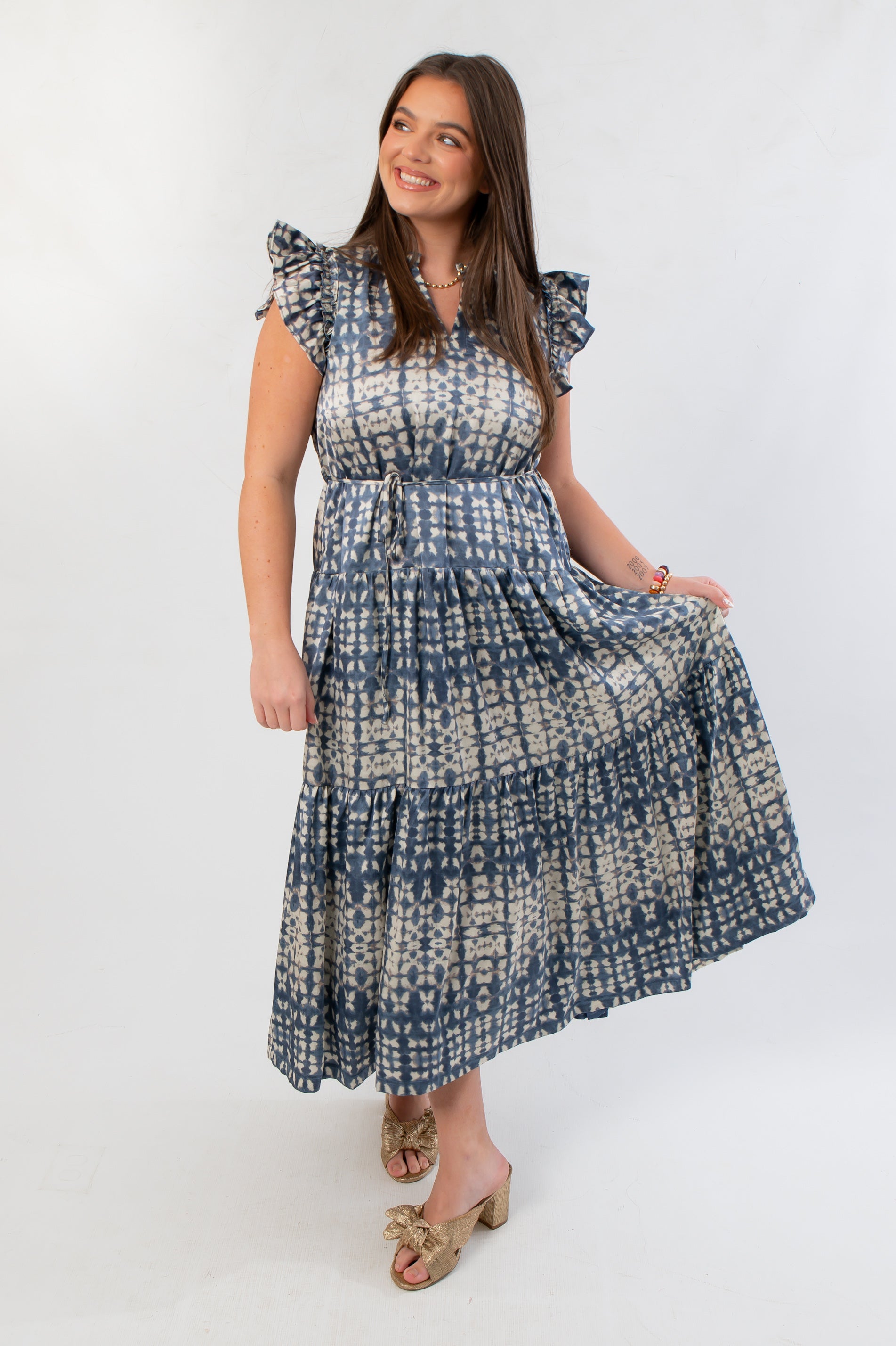 Dusty Blue Abstract Ruffle Sleeve Midi Dress