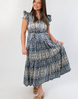 Dusty Blue Abstract Ruffle Sleeve Midi Dress