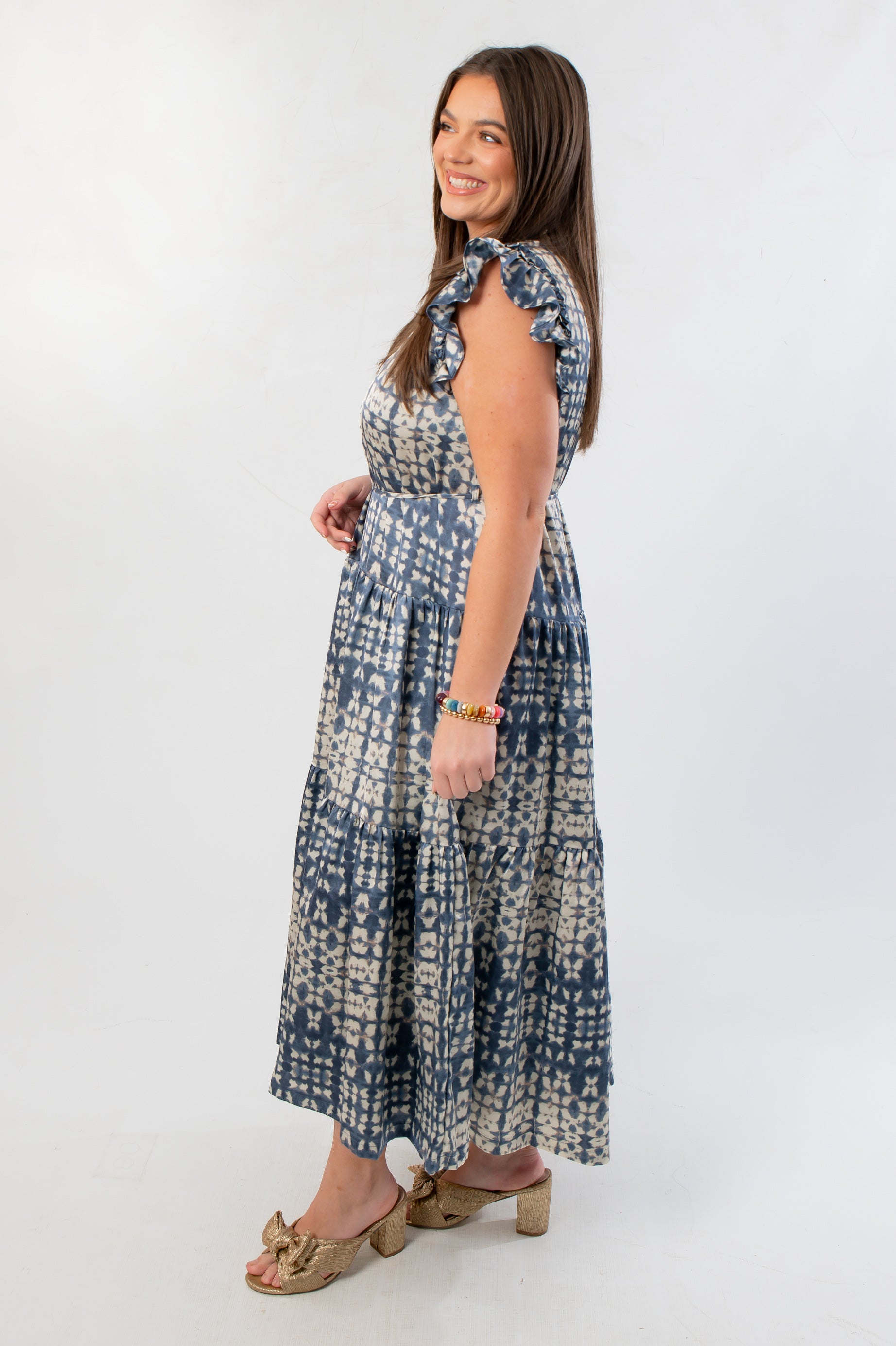 Dusty Blue Abstract Ruffle Sleeve Midi Dress