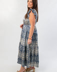 Dusty Blue Abstract Ruffle Sleeve Midi Dress