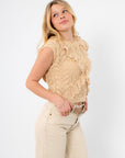 Side view of Crossroads Crochet Sleeveless Knit Top showing intricate lace and crochet texture in a soft beige tone.
